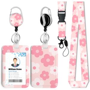 Pink Flowers ID Badge Holder with Breakaway Lanyard &Heavy Duty Retractable Reel-360Rotating Carabiner Keychain for Women Students,Teachers, Nurses, Office Use 10