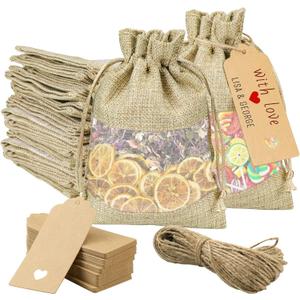 GIOIPC 50Pcs 5 x 7 Inch Linen Burlap Sheer Bags with Drawstring and Bonus Gift Tags for Wedding Birthday Bag,Craft Bags,Cosmetic Samples (1 count (Pack of 50))