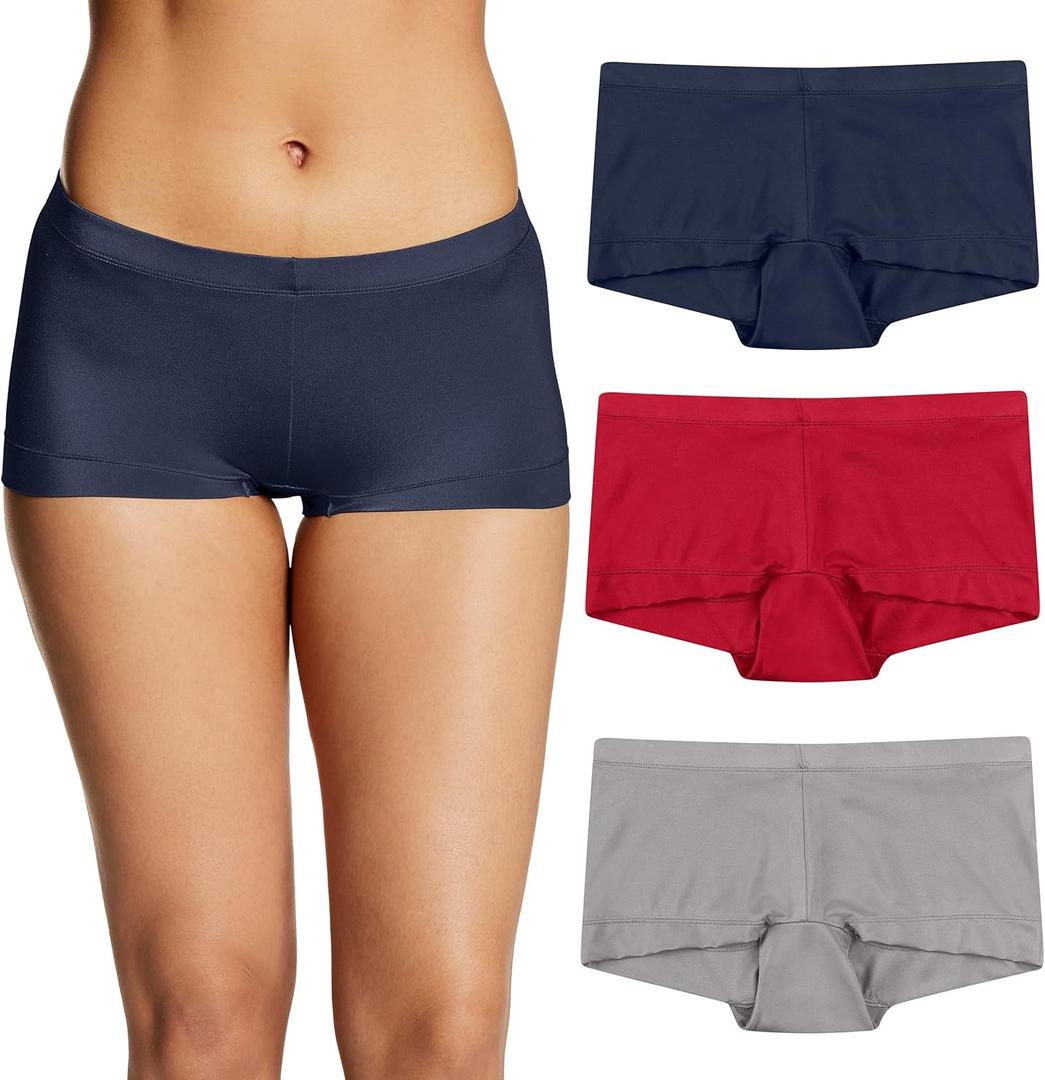 Maidenform Women's Underwear, Microfiber Boyshort, Full-Coverage Panty, 3-Pack (Medium, Navy/Steel Grey/Camera Redy)