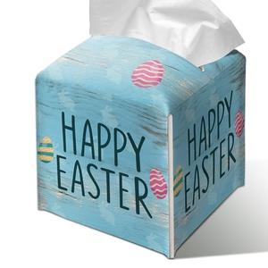 GRXXPIP Happy Easter Eggs Tissue Box Cover, Universal 5.2 Inch Leather Cube for Home Bathroom Countertop, Easter Basket Gift, Blue Rustic Spring Party Decor.(010)