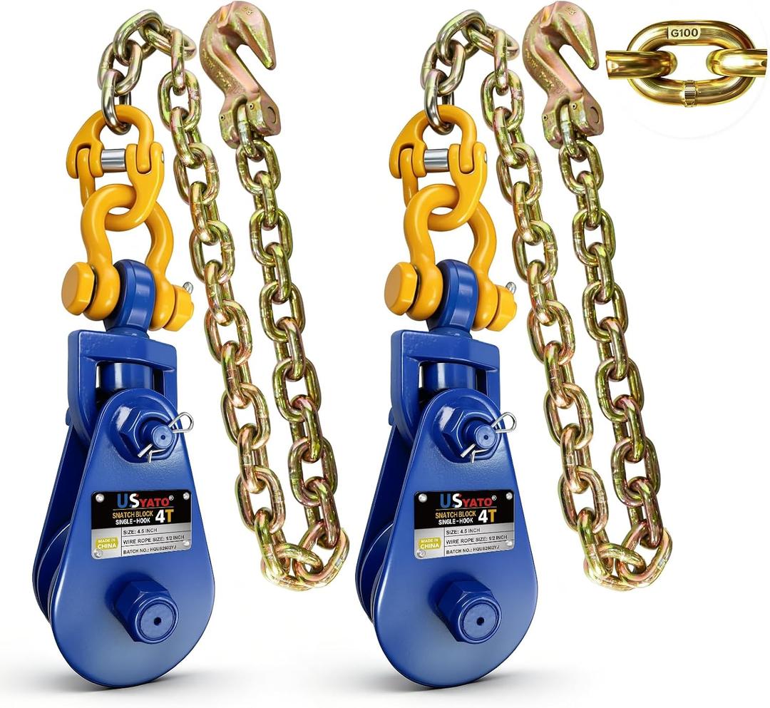 4 Ton (8,800Lbs) Snatch Block with 2.5FT G100 Chain & Grab Hook,Detachable Buckle,4.5" Sheave 1/2" Wire Rope,Heavy Duty Snatch Block Pulley for Towing,Logging,Car,SUV,Pickup Truck,1 Pair