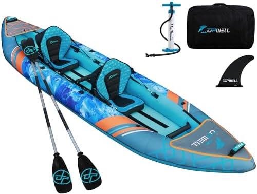 UPWELL 13'6”/11' Inflatable Recreational Kayak - 2 Person with Drop Stitch Floor and Accessories Including Kayak Seats with High Back Support, Paddle, Fin, Repair Kits, Carry Bag and Hand Pump