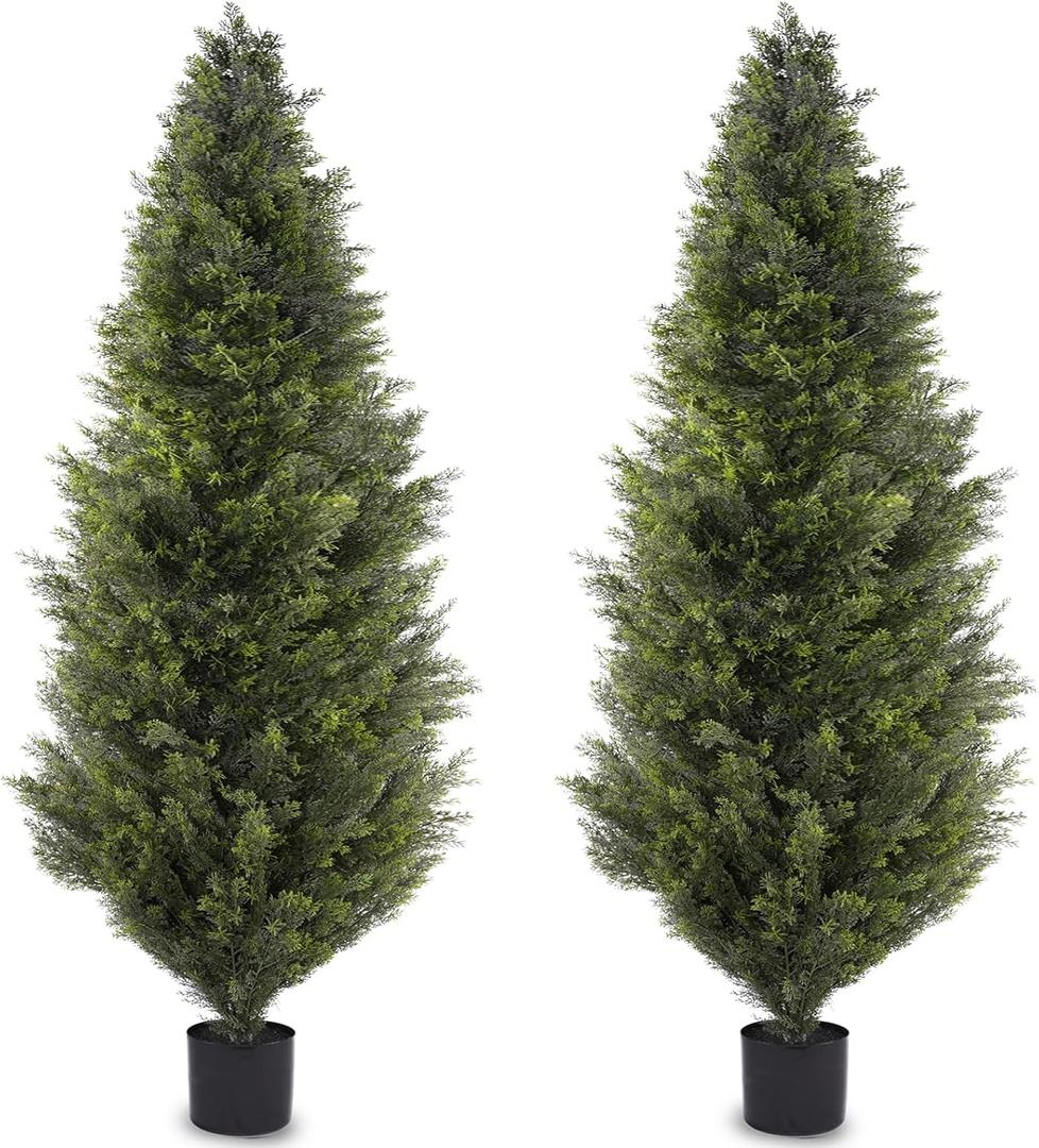 6FT Artificial Cedar Topiary Trees, Set of 2 Realistic Outdoor Indoor Fake Potted Plants with Planter, UV Resistant for Porch, Garden, Balcony, Patio & Office Decor