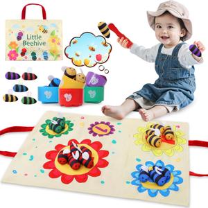 Montessori Toys for 1 Year Old, Cloth Toddler Bee Pinching Game with Stacking Cups, Fine Motor Skills Learning Educational Toys for 1 2 3 Year Old Boy Girl Christmas Birthday Gift