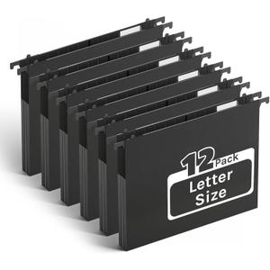 Ansook Extra Capacity Plastic Hanging File Folders,1" Expanding Accordian Pocket,Heavy Duty for Filing Cabinet, Hard and Durable Hang Folders,Insertable Tabs,Letter Size,Black- 12 Pack
