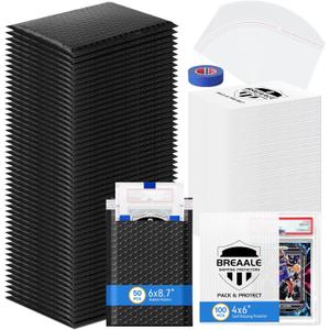 Trading Card Shipping Kit, Includes 100 4'' x 6'' Graded Card Shipping Protectors, 50 6'' x 8.7'' Envelope Bubble Mailers, 20M Painters Tape, 50 Cellophane Bags, PSA BGS CGC Slabs & Raw