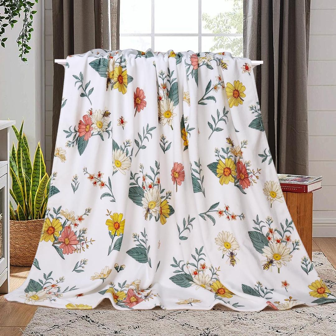 Floral Flower Throw Blanket Bee Flannel Fleece Throw Blanket Botanical Plant Cozy Fuzzy Plush Throw Blankets for Bed Chair Couch 50" X 60"