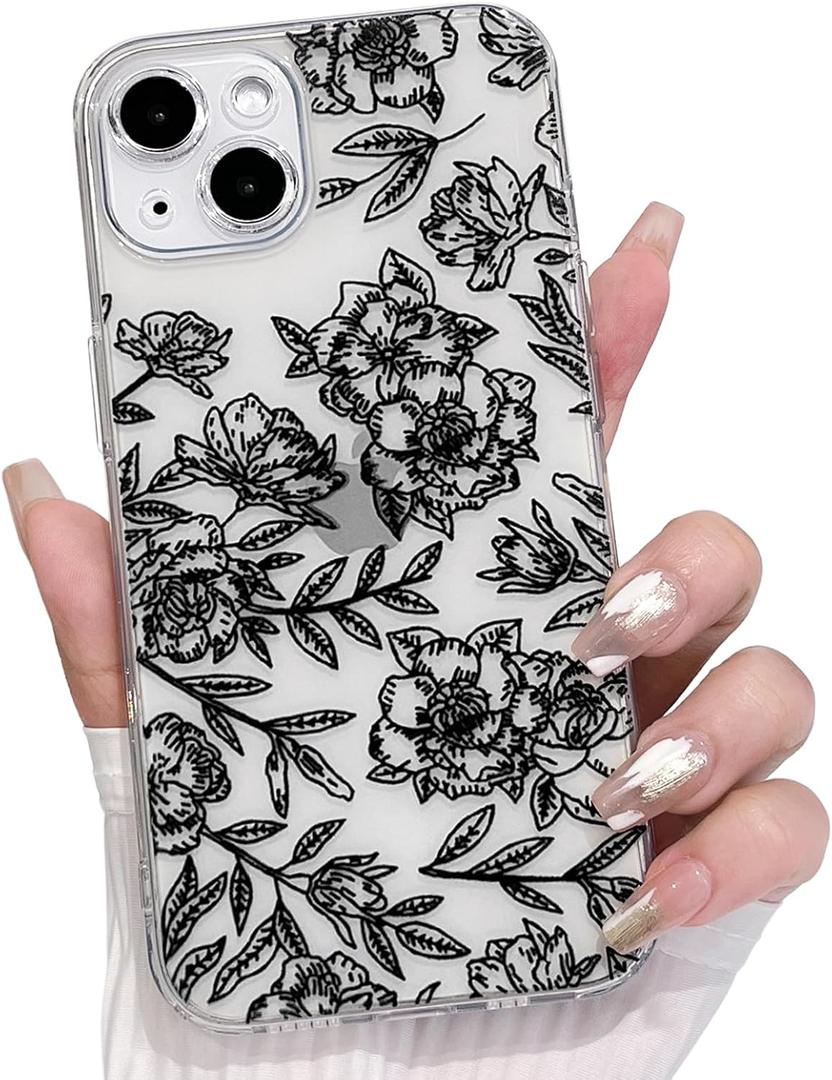 NITITOP Compatible with iPhone 14 Case Clear Cute Line Flower Floral Rose Pattern for Women Girls Full Camera Lens Clear Slim Shockproof Protective Phone Cover - Black