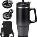 30 OZ Stainless-steel Tumblers with Lid and Straw - Travel Coffee Tumbler Mug with Handle, Silicone Boot & Bottle Strap Sleeve, Insulated Water Bottles that Fits in Cup Holder, Keep Cold 36h/Hot 12h (Black&Grey)