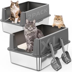Stainless Steel Cat Litter Box with High Sides Lid,2 Pack XL Extra Large Metal Kitty Litter Pan, Non-Stick and Odor Free, Open Top Low Entry Design, Includes Scoop, Leakproof, Easy Clean,Grey