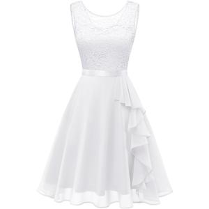 BeryLove Women's Cocktail Dresses Prom Wedding Guest Short Bridesmaid Dresses Ruffle Hem Sleeveless Lace Formal Dress 52 White XS