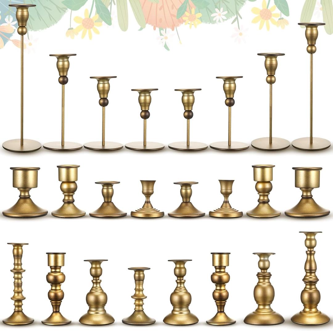 Nuogo 24 Pieces Candlestick Holders Metal Tapered Mixed Candle Holders Set Taper Decor for Wedding Home Dinning Birthday Party Table(Vintage Brass)