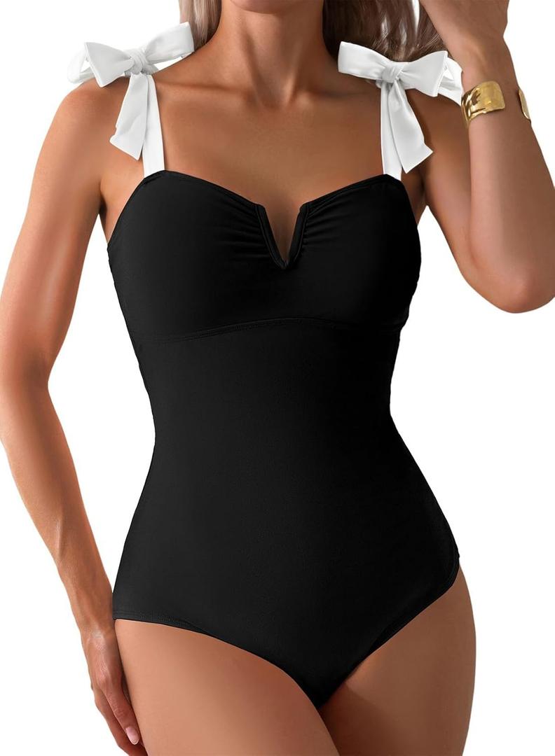 Aleumdr Women's One Piece Swimsuits Tummy Control Bathing Suits V Neck Boho Tie Shoulder Ruched Full Coverage Swimwear (Large, Black)