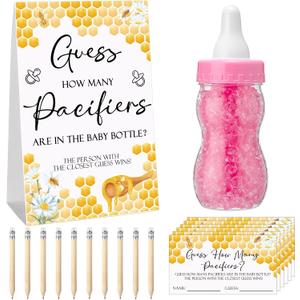Roowest 512 Pcs Baby Shower Games Guess How Many Pacifiers Sign 100 Small Guessing Games 10 HB Pencils 750ml Milk Bottle 400 Acrylic Pacifiers Decoration for Guest Gender Reveal(Pink,Bee)