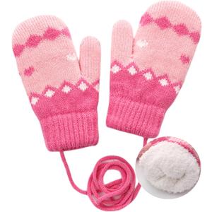 Toddler Warm Knit Mittens for Kids Girls Boys 3-5T | Soft Thick Faux Plush Lined, Windproof Elastic Cuffs, 31.5" Neck Lanyard, Easy Wear, Winter Gloves, Cold Weather Use