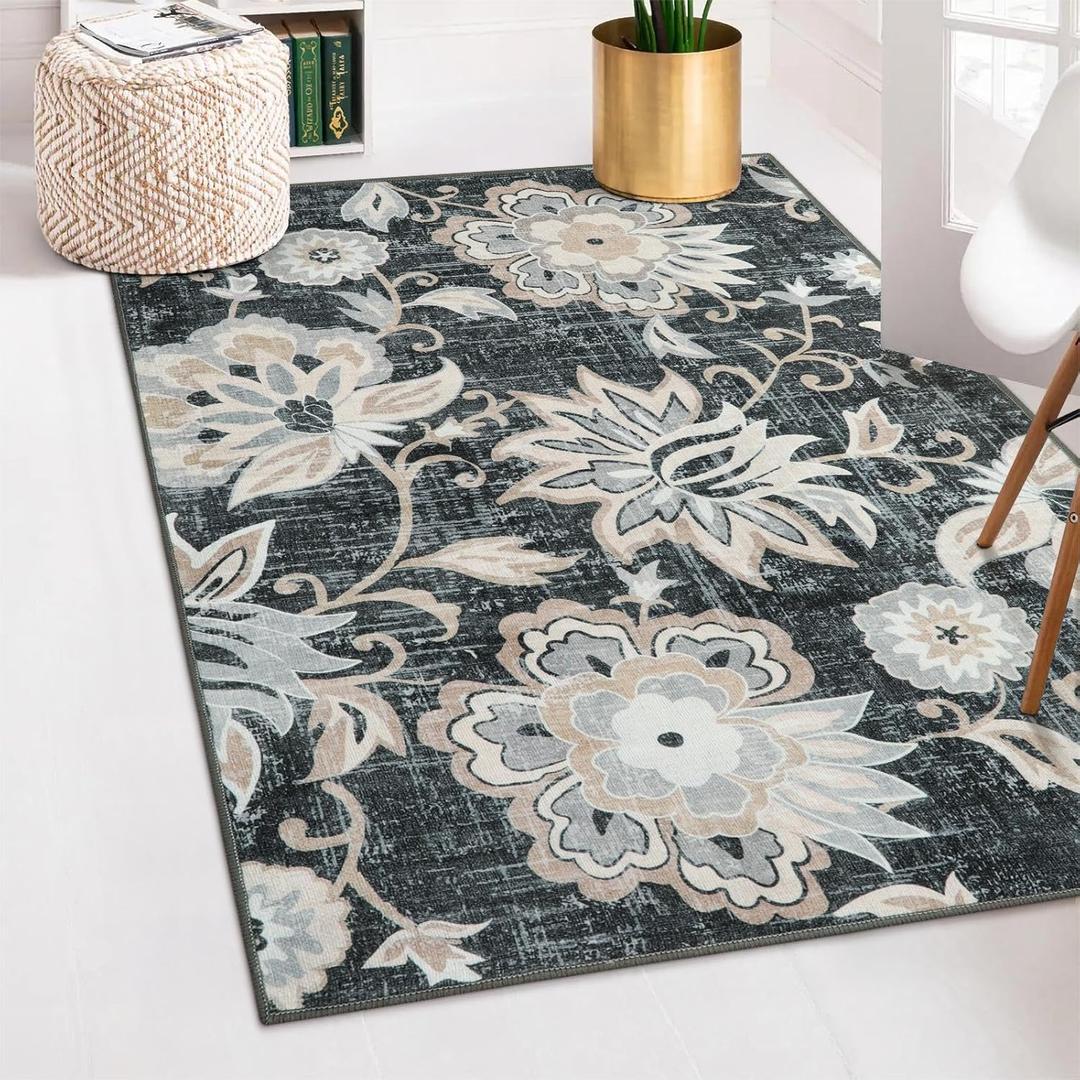 Beeiva Floral Large Carpet for Bedroom, 4x6 Rug Non Slip Vintage Black Rug for Bedroom, Paisley Print Living Room Ultra Thin Washable Rugs for Entryway Bedside Office
