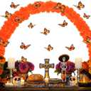 26pcs Day of The Dead Marigold Arch Set Includes Artificial Marigold Garland Arch 2 Fixing Brackets Plastic Ties and Simulated Monarch Butterfly for Day of The Dead Altar Table Decoration