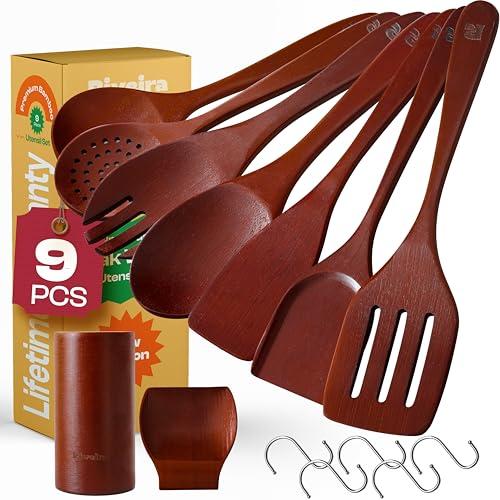 Riveira Set of 18 Premium Brown Bamboo Cooking Utensils - Bamboo Utensils for Cooking - Non-Toxic Utensils - Wooden Kitchen Set for Non-Stick Cookware