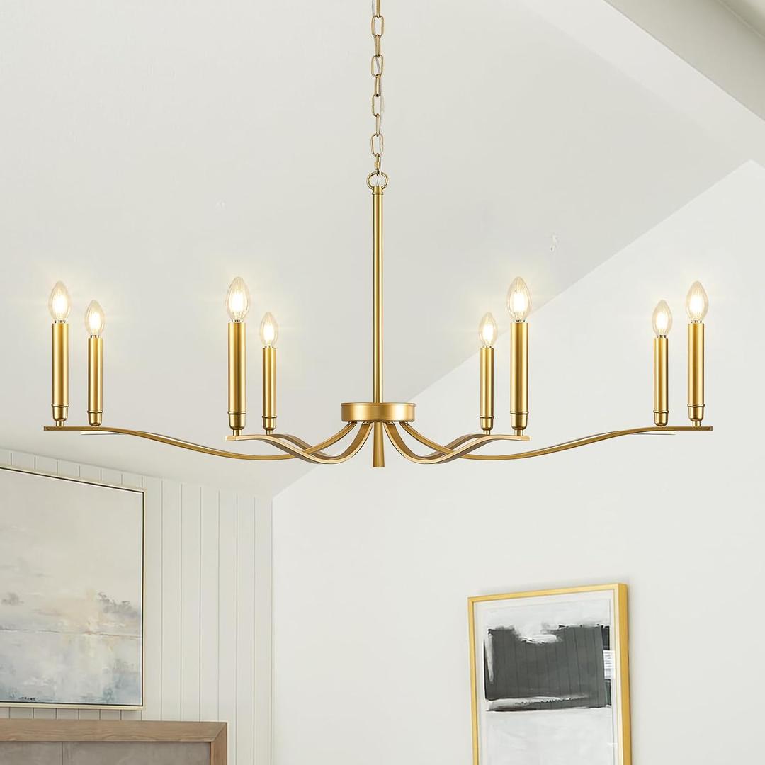 Gold Chandeliers for Dining Room, 8-Light Brass Chandelier Light Fixture Over Table Modern Candle Chandelier 44in Master Bedroom Chandeliers Lighting for Entry Foyer Bathtub Living Room