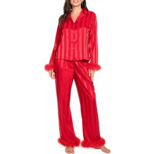 KMBANGI Women Y2k Pajamas Set Heart Print Silk Satin Pjs Feather Trim Long Sleeve Shirt Pants Lounge Set (Large, Dark Red)