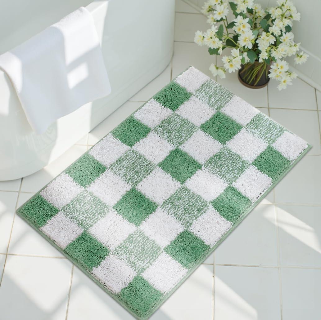GRANNY SAYS Checkered Green Bathroom Rugs, 24" x 16", Fluffy Rug, Absorbent Microfiber Ultra Soft Bath Mat Washable, Non-Slip Bath Mats for Bathroom, Cute Floor Mat for Tub, Shower, Bedroom