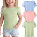 3 Pack Toddler Girls' Short Sleeve Tops | Baby, Cute, Tee, Crop, Lettuce Trim, Kids, T-shirt, Boat Neck, Blouse, Solid, Casual, Summer, Plain, Classic, Elegant