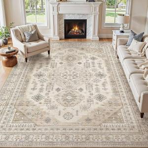 9x12 Washable Area Rug, Large Rugs for Living Room Stain Resistant Non Slip Backing Soft Low Pile Vintage Carpet for Bedroom Dining Room Kid & Pet Friendly Home Decor - Beige