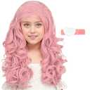 karlery Girls Long Pink Wave Wig with Barrette Halloween Cosplay Party Costume Wig