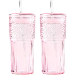 GOSCHE Glass Coffee Cups with Lids and Straws, 20oz Drinking Jar Glass Tumbler for Iced Coffee, Vintage Ripple Glassware Smoothie Cups, Pink, 2Pcs