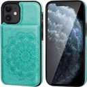 Vaburs Compatible with iPhone 12 and iPhone 12 Pro Case with Wallet Card Holder,Embossed Mandala Pattern Flower PU Leather 4 Card Slots Kickstand Shockproof Flip Cover 6.1 Inch(Green)