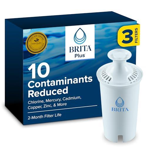 Brita BritaPlus Replacement Water Filter for Pitchers and Dispensers, WQA NSF/ANSI Certified, Reduces 2x More Contaminants vs. Standard Brita, Reduces Chlorine Zinc Copper Mercury & More, 3 Filters