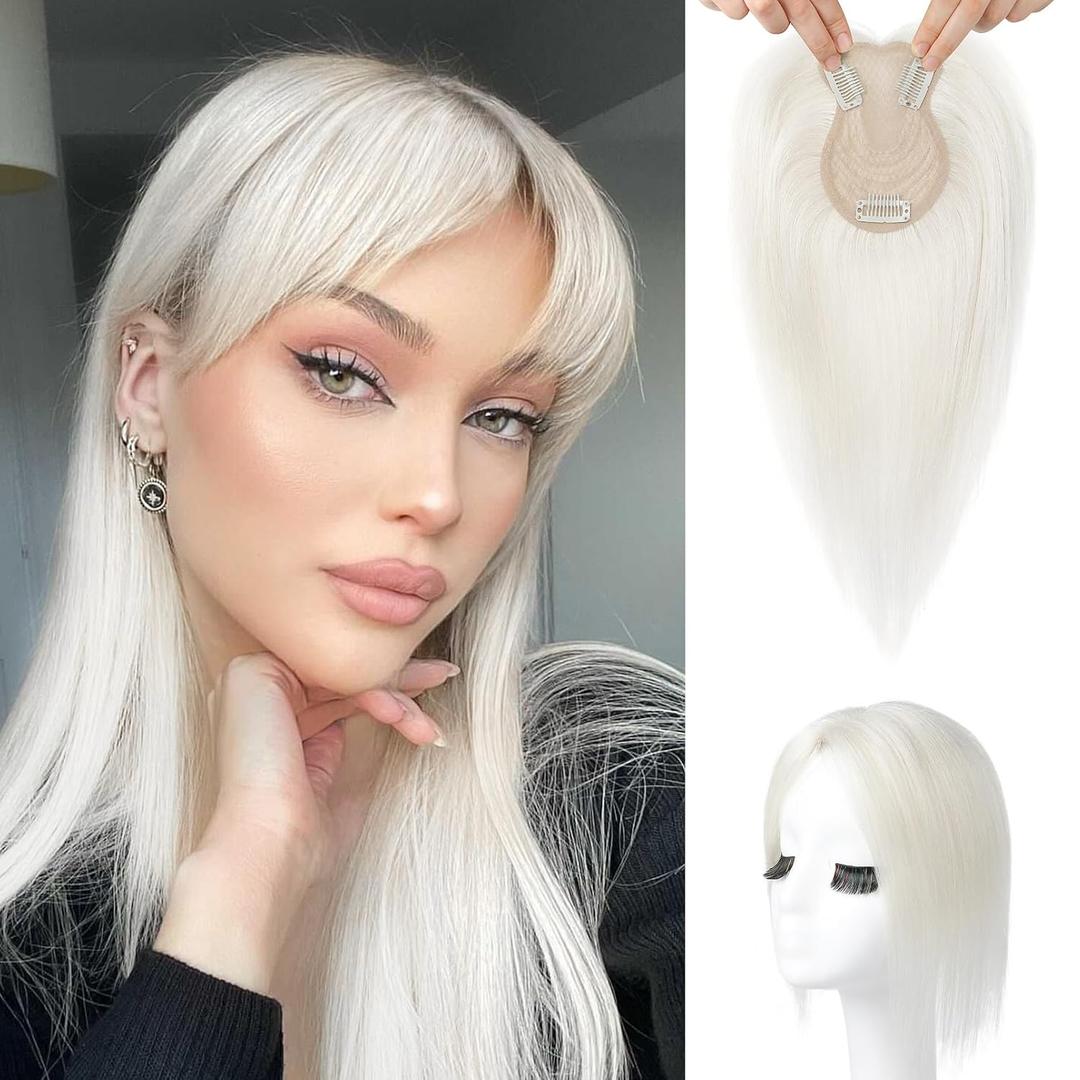 Flufymooz 100% Real Human Hair Toppers for Women, 10 Inch Clip in Human Hair Topper for Thinning Hair, 3603D Cover Clip in Bangs Natural Hairpiece With 4.5'' x 3'' Silk Base-White Blonde