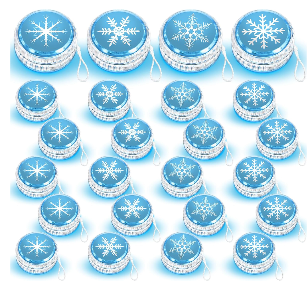 Wettarn 24 Pcs Winter Party Favors Snowflake Magic Birthday Party Supplies Winter Princess LED Lighted Yo Yo Bulk Winters Theme Toy for Girls Goodie Bag Filler Snowflake Gifts in Bulk