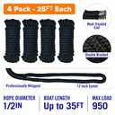 Boat Dock Lines, 1/2 Inch Braided Nylon Rope, 25 ft Mooring Marine Docking Lines with Loop, Black, 4 Pack