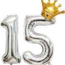Crown 32 inch Large Happy Birthday Number Foil Balloon Birthday Party Decorations Supplies 15th Birthday Balloons Party Decorations Silver Number balloon 15 with Mini Crown