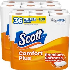 Scott ComfortPlus Toilet Paper, 36 Triple Rolls, 231 Sheets per Roll, Septic-Safe, 1-Ply Toilet Tissue