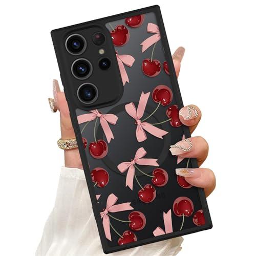 ZIYE Magnetic Case for Samsung Galaxy S23 Ultra 6.8 Inch [Compatible with MagSafe] Hard PC and Soft TPU Case with Cherry Pink Bows Anti-Scratch Shockproof Protection Phone Cover for Women