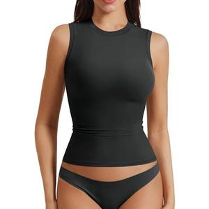 YEOREO Women Basic Mock Neck Workout Crop Top Sleeveless Double Lined Tank Tee Slim Fitted Ruched Going Out Camisole GREY Medium