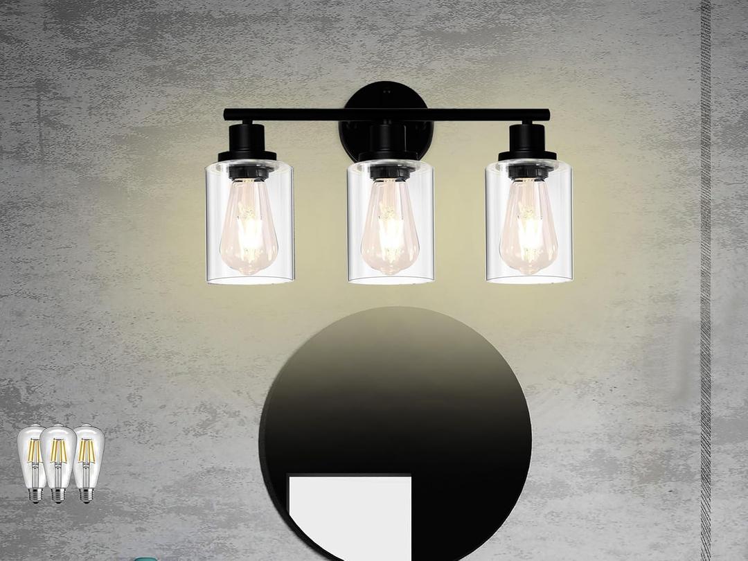 3 Light Bathroom Light Fixtures(Bulbs Included.),Black Vanity Lights with Clear Glass Shade,Modern Wall Sconce Lights for Mirror,Bedroom,Living Room,Hallway Cabinet Porch,E26 Base
