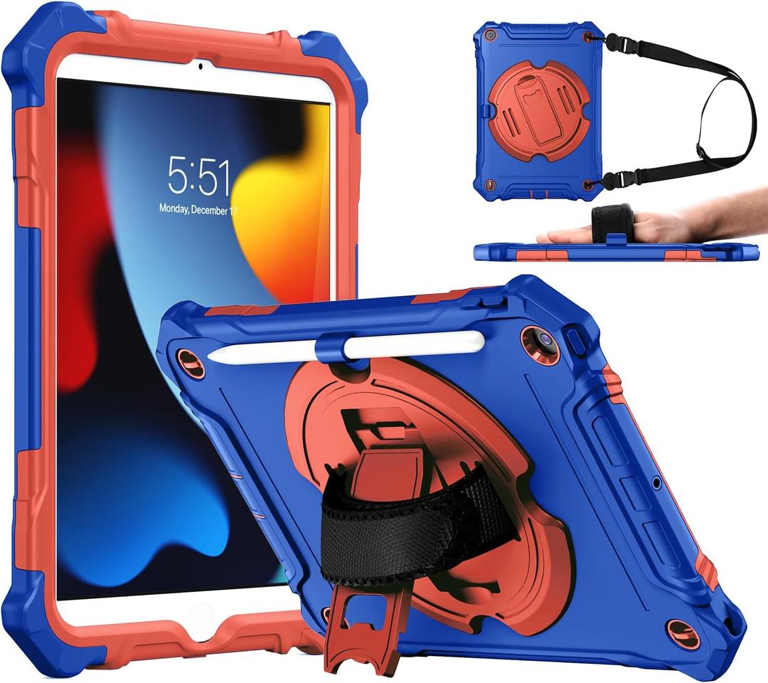 ZtotopCases for iPad 9th/ 8th/ 7th Generation 10.2 inch, Shockproof Full Body Protective Cover with 360 Rotating Hand Strap &Stand, Pencil Holder, Drop Protection, Heavy Duty & Durable, Red and Blue