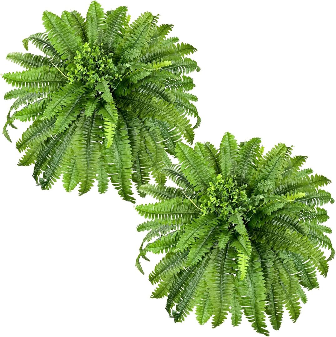 Fake Ferns, Artificial Ferns for Outdoors large, 2 Packs 45in Faux Fern Greenery with Eucalyptus Plants Suitable for Planters Porch Garden Indoor Hall Home Decor, UV Resistant Hanging or Potted
