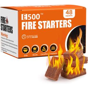 E500 Fire Starter for Fireplace, Campfires, Fire Pits, BBQ, Grills, Larger Charcoal Fire Starter Squares, 48-Count Firestarter