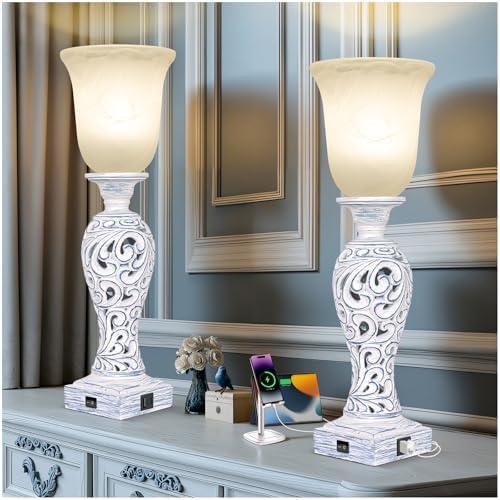 20" Vintage Table Lamp Set of 2 for Living Room, Rustic Farmhouse Bedside Lamps for Bedroom, 3-Way Dimmable Desk Lamps with Nightlight and 2 USB Ports, Traditional Nightstand Lamps with Glass Shade
