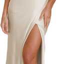 2026 Summer Satin Halter Neck Backless Slit Midi Dresses Elegant Cowl Back Ruched Wedding Guest Maxi Dress for Women (Beige)