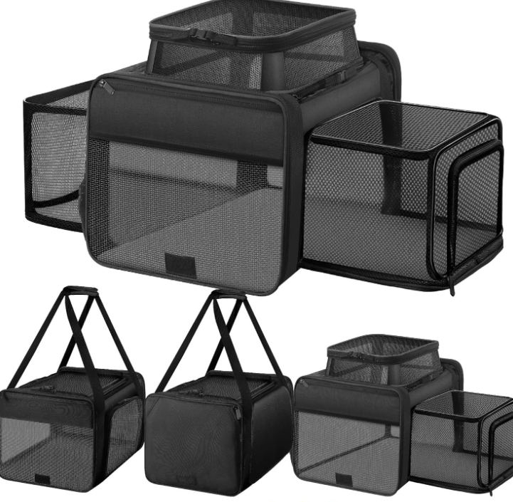 Top and 2 Sides Expandable Cat Carrier 18x11x11, TSA Airline Approved Dog Carriers for Medium Dogs, Soft-Sided Pet Carrier with Self-Locking Zippers for Kitten,Rabbit, Puppy, Guinea Pig Black