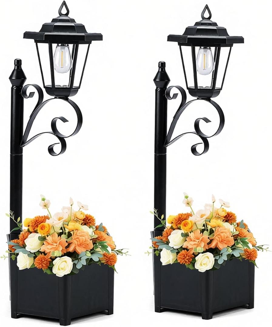 2 Pack Solar Floor Lamps with Planter (2-in-1 Design), 29.5" Outdoor LED Garden Lights - IP44 Waterproof, Warm White Auto-On at Dusk, Easy Install for Lawn, Patio, Porch, Yard & Pathway Decor