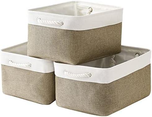 TheWarmHome Storage Basket for Organizing - 16x12x8 inch Large 3 Pack Collapsible Storage Bin for Shelves with Handles, Fabric Storage Cubes for Organizer Cloth Gift Toy Closet (Whiet & Khaki)