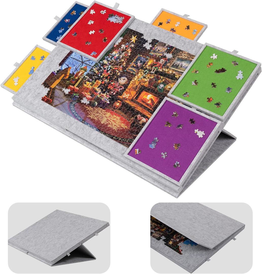 Lavievert 1500 Piece Tilting Puzzle Board with 2-in-1 Designed Stand & Cover, Lightweight Felt Mat Plateau with 6 Colored Drawers, Portable Jigsaw Puzzle Table with Storage for Adults  Light Gray