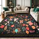 Area Rug 8x10, Washable Large Rugs for Living Room, Non Slip 0.27 Low Pile Vintage Floral Large Carpet for Bedroom, Living Room, Dining Room, Kids Playroom (Black)