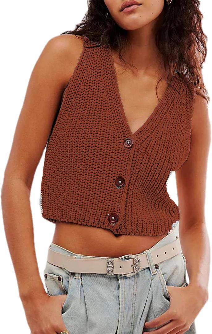 Womens Cropped Sweaters Vest Button Down V Neck Knit Sleeveless Crop Sweater 2025 Summer Casual Tank Tops (X-Large, Brown)